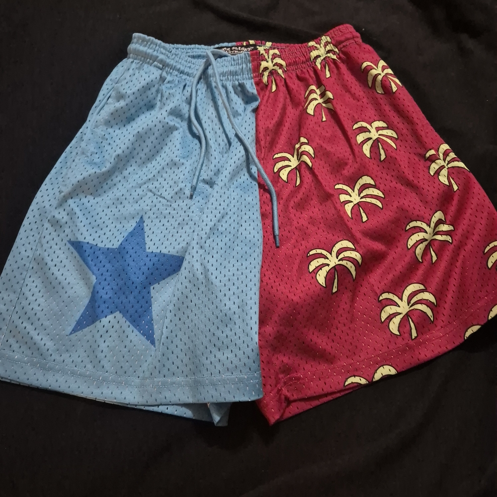 Blue and Red Two-Tone Shorts with Star and Palm Tree Design Size M